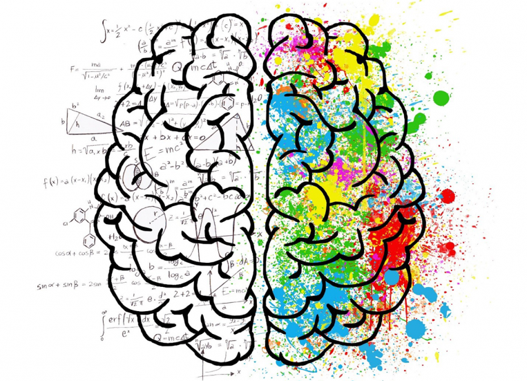 Piirroskuvassa on aivot, joiden vasemmanpuoleinen lohko on mustavalkoinen ja täynnä matemaattisia kaavoja. Oikeanpuoleinen aivolohko on täynnä värikkäitä maaliläiskiä ja -roiskeita.
