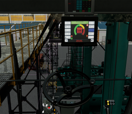Virtuaalikuva ohjaamosta. Kojelaudassa erilaisia ohjaimia ja mittaristoja. Lasien takaa näkyy virtuaalista satamaympäristöä.