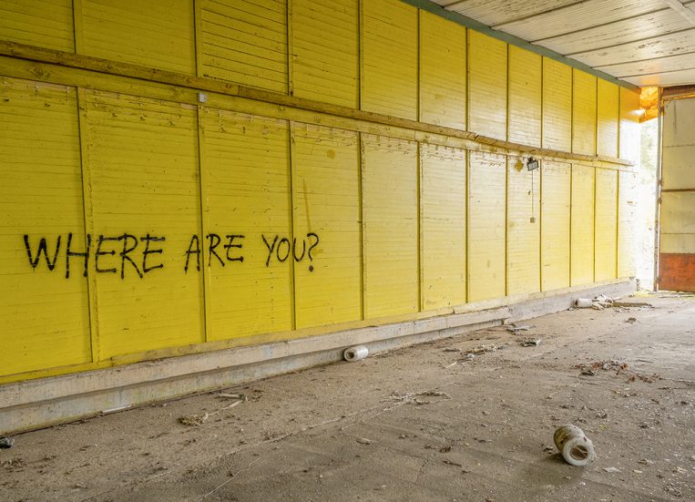 Kuvassa on keltainen puurakenteinen seinä, johon on maalattu spraymaalilla ”Where are you?”