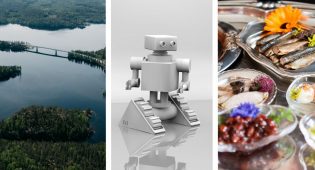 Kolmen kuvan yhdistelmä, jossa vasemmalla on ylhäältä otettu kuva tiestä ja sillasta veden ja metsän ympäröimänä. Keskellä on kuva ihmishahmoisesta robotista. Oikealla on kuva tarjottimesta, jossa on pienillä lautasilla ja vadeilla erilaisia ruokia.