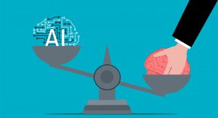 Kuvassa vaaka, jonka toisessa vaakakupissa on lyhenne AI (artificial intelligence, tekoäly) ja toisessa ihmisen aivot.