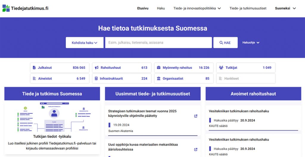 Ruutukaappaus tiedejatutkimus.fi-palvelun etusivusta.