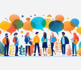 DEI Illustration of diverse people with speech bubbles engaging in conversation, symbolising social media communication and interaction on a white background.