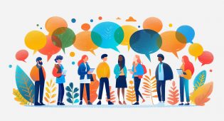 DEI Illustration of diverse people with speech bubbles engaging in conversation, symbolising social media communication and interaction on a white background.