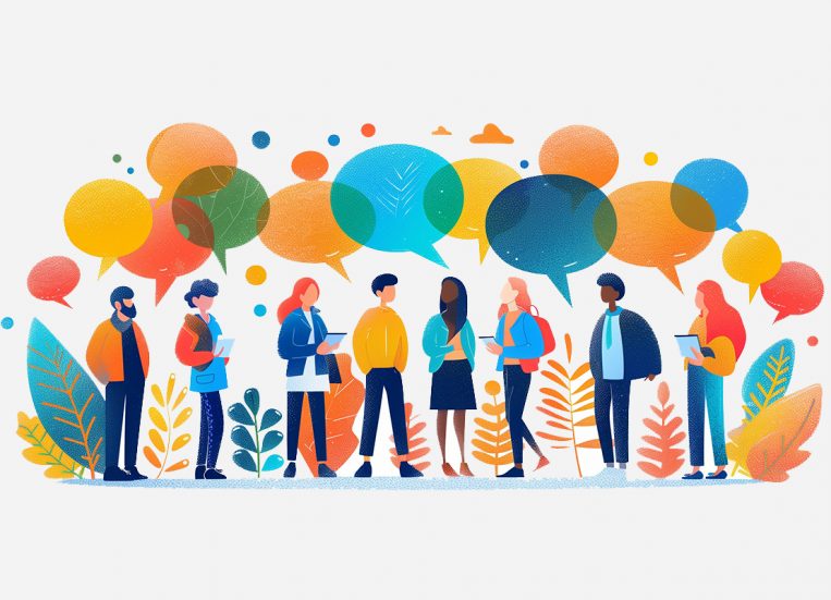 DEI Illustration of diverse people with speech bubbles engaging in conversation, symbolising social media communication and interaction on a white background.